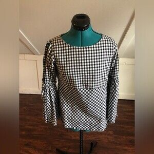 🧺Loft | Gingham Black & White Bell Sleeve Blouse | XS Petite